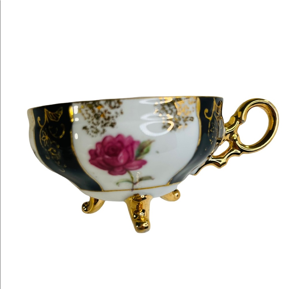 Vintage China Tea Cup Black And  White Floral Footed Gorgeous Delicate Small